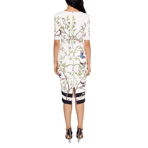 Ted Baker EVRELY HIGHGROVE Hummingbird Branch Blossom Sheath Midi Dresss, TD 0 - Picture 5 of 16